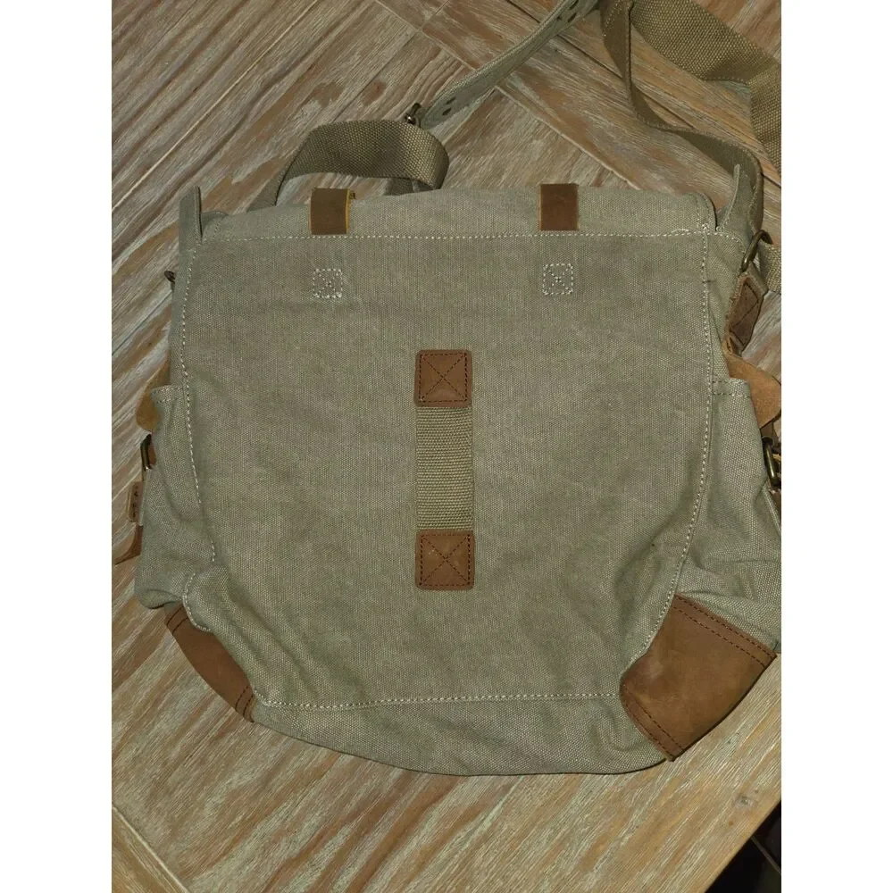 Sechunk Messenger Bag, Military style, leather, canvas, missing front buckles